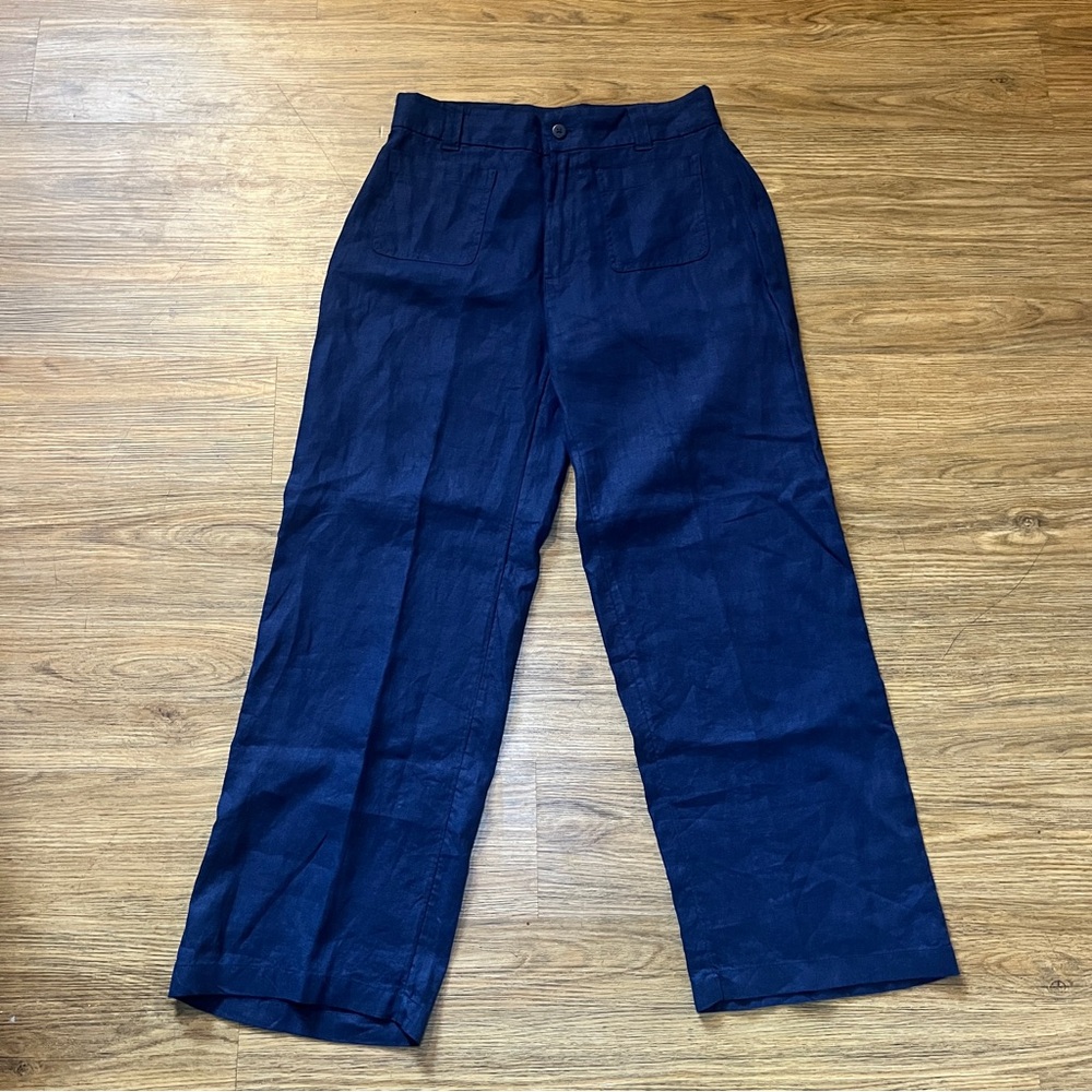 Women’s Navy Blue Wide Leg Cropped Ankle Linen Pants Chinos Size 8 Minimalist